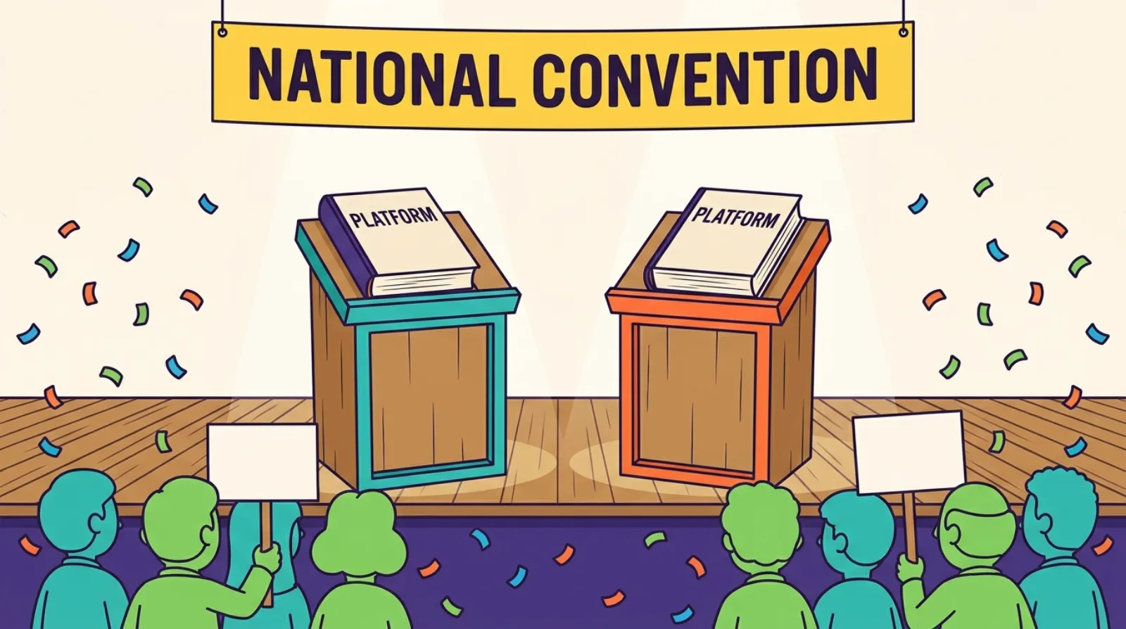 Cartoon of two identical lecterns on a national convention stage, each holding a thick book labeled platform, one trimmed in teal and one in orange