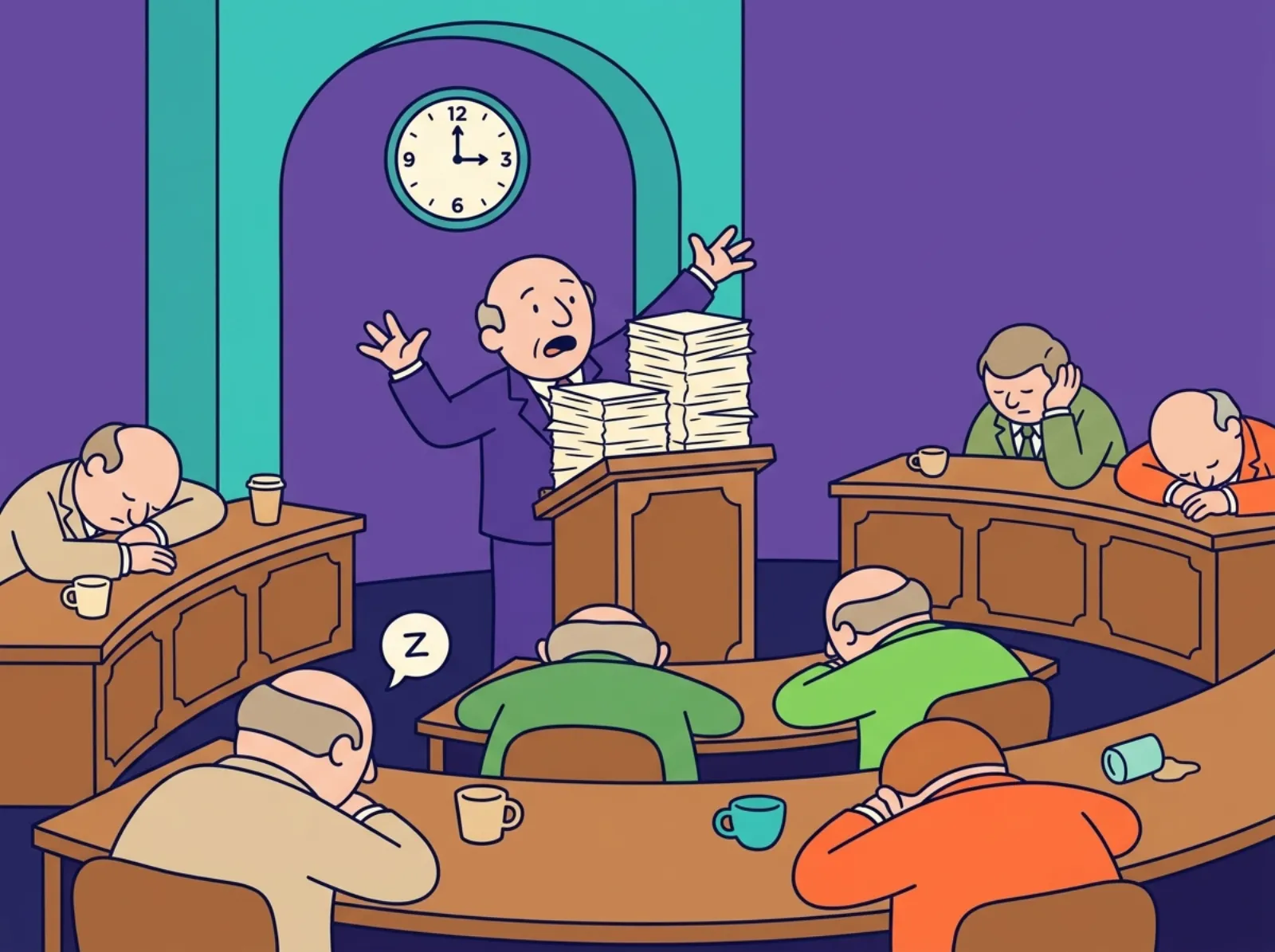 Cartoon: ein nächtlicher Plenarsaal, in dem ein einzelner Redner am Pult weiterspricht, während die übrigen Senatoren an ihren Tischen dösen