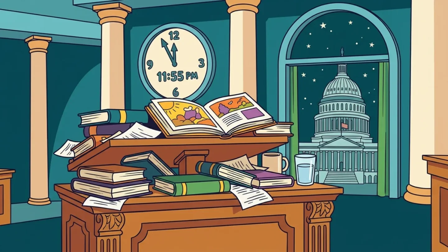 Cartoon: ein Rednerpult im US-Senat mit einem Stapel Bücher, daneben eine Wanduhr kurz vor Mitternacht und ein offenes Kinderbuch, als Sinnbild für einen Filibuster