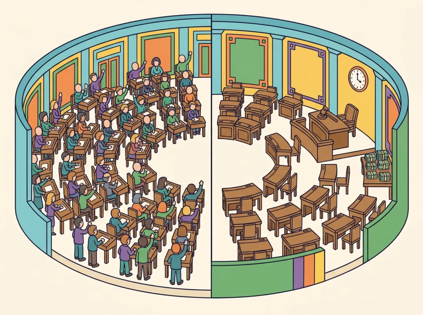 Cartoon cutaway of the House and Senate chambers side by side, with a crowded semicircle of desks on the left and a smaller ring of desks on the right