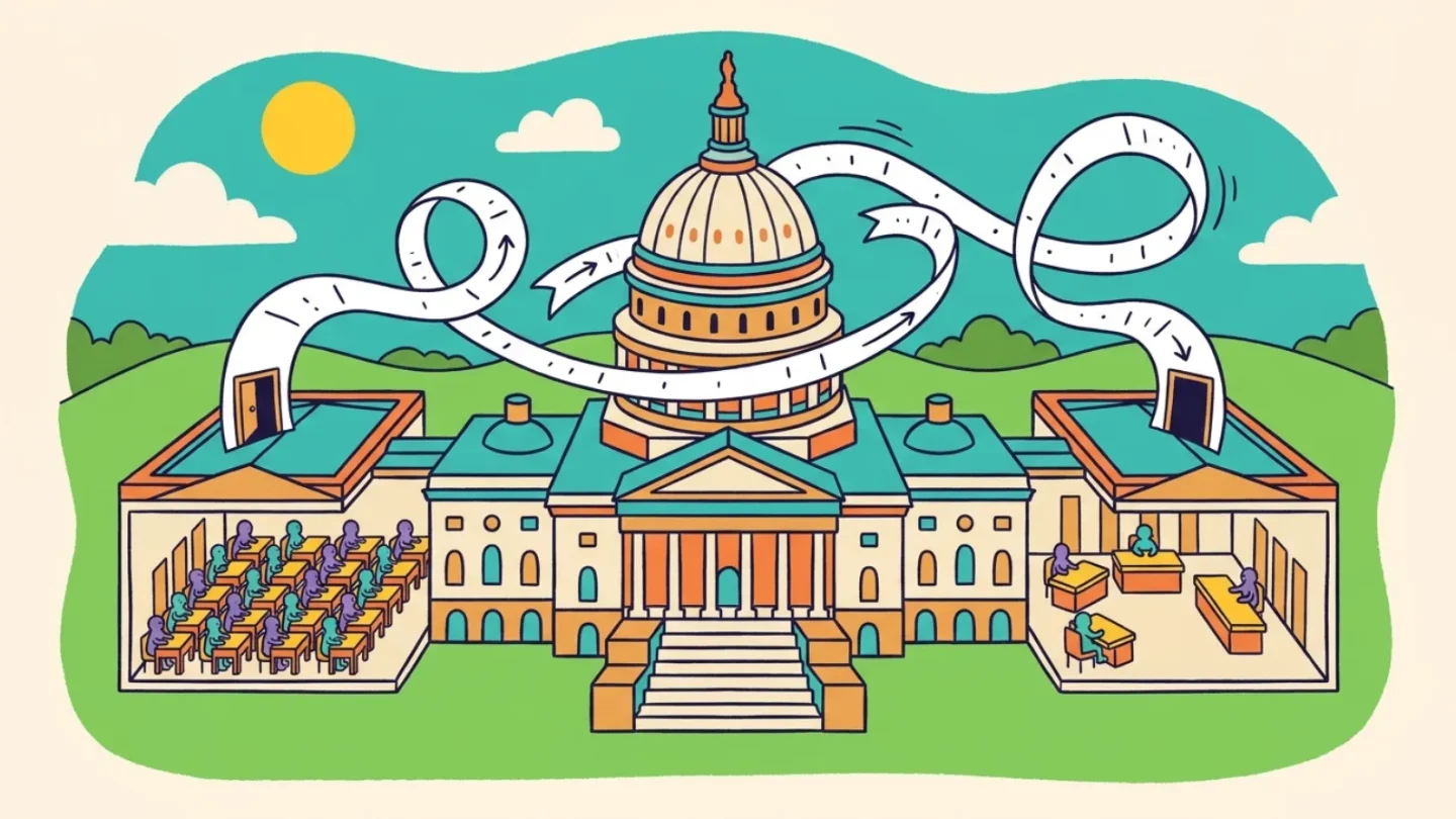 Cartoon of the US Capitol with a paper ribbon looping between its two wings, a crowded House side with many small desks and a Senate side with fewer large desks, illustrating how Congress works