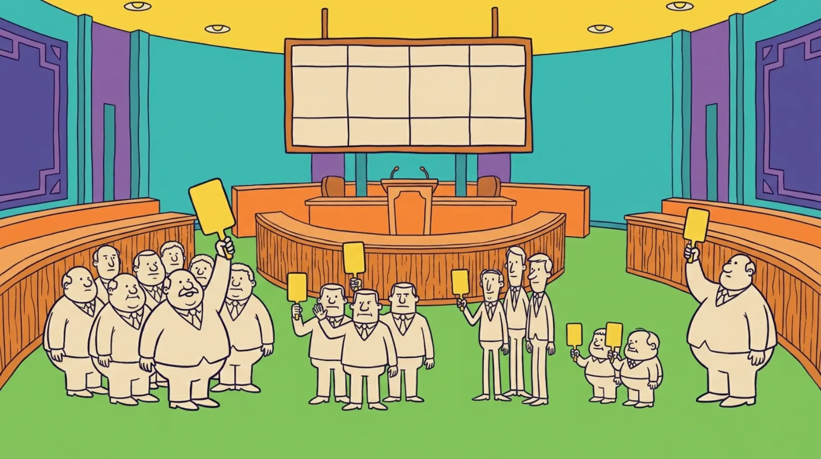 Cartoon of a House chamber where state delegations of different sizes each raise a yellow voting paddle, illustrating one vote per state in a contingent election