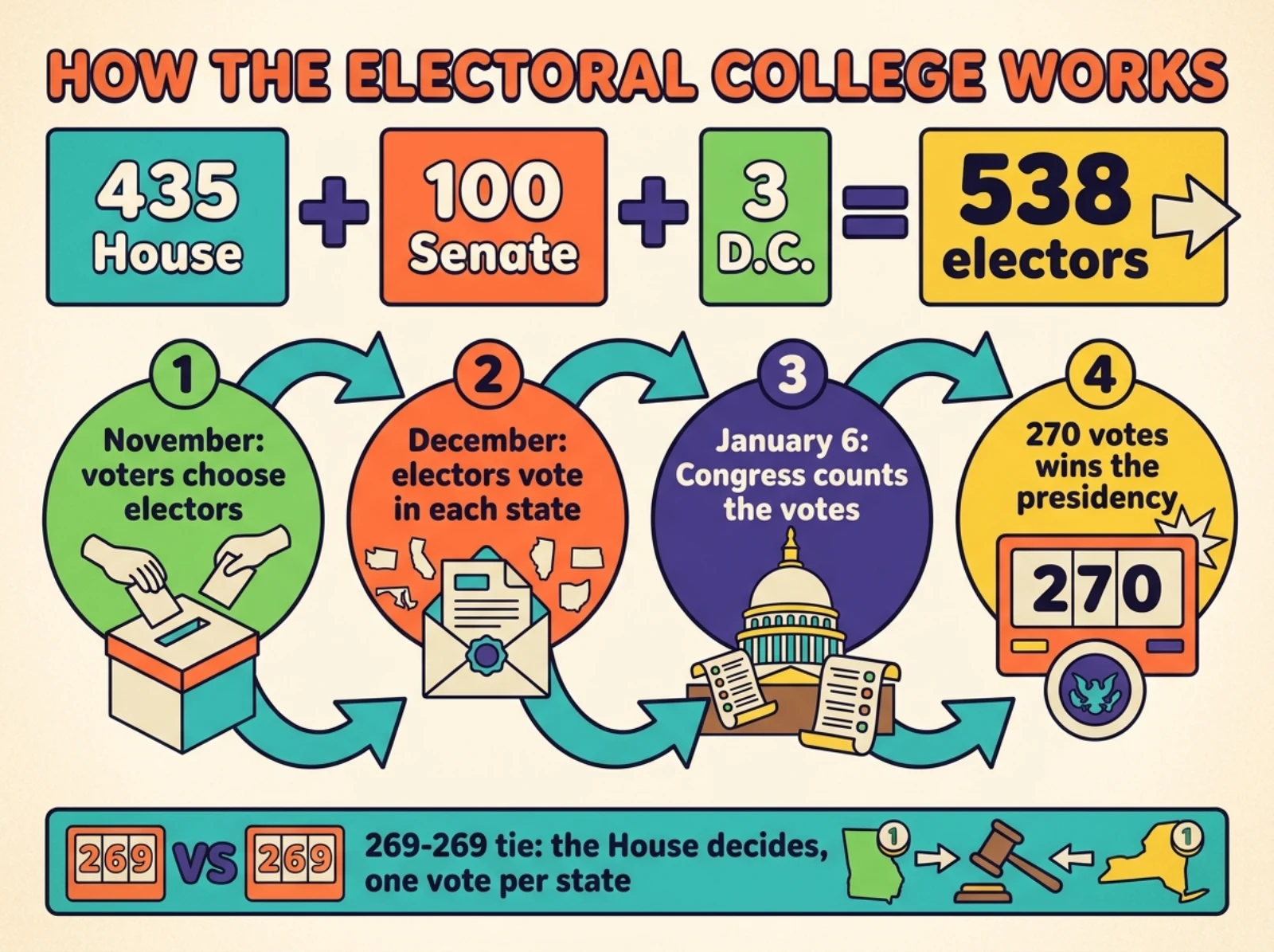 Infographic showing how the Electoral College works: 435 House plus 100 Senate plus 3 D.C. electors make 538, then the November vote, the December electors' vote, the January 6 count in Congress and 270 votes to win, with a 269-269 tie going to the House