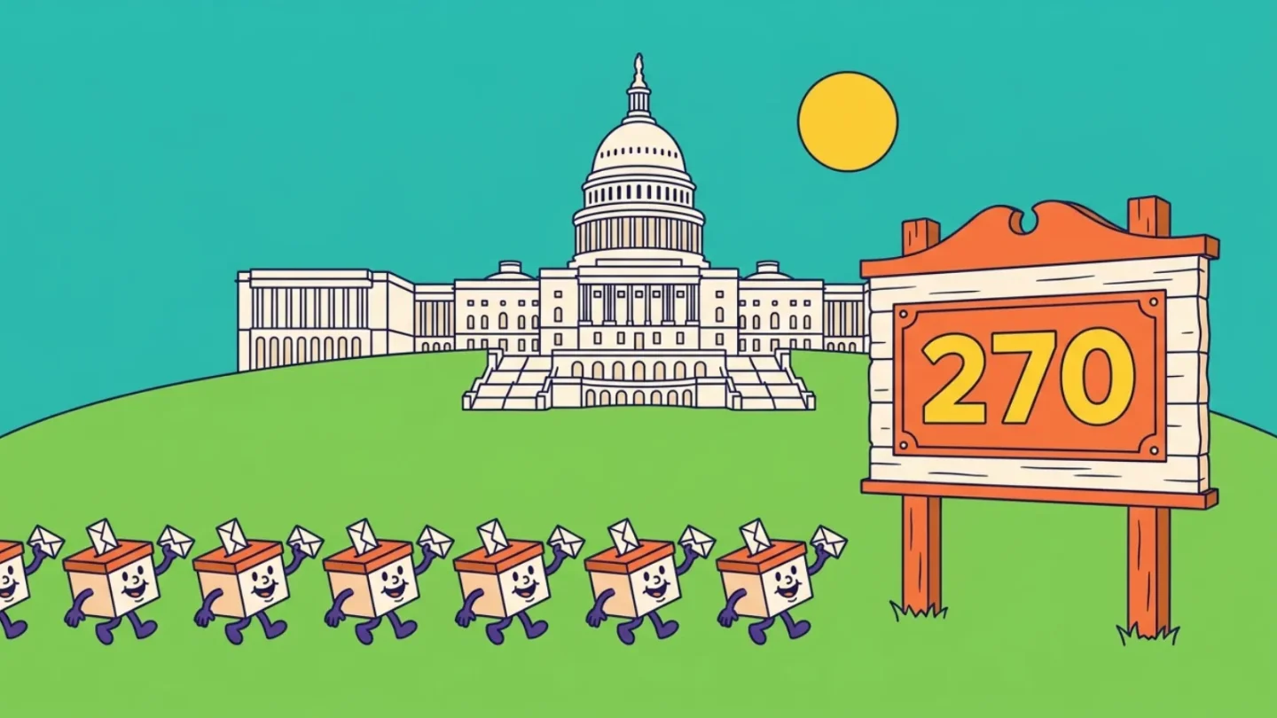 Cartoon of ballot boxes marching across the lawn of the US Capitol toward a scoreboard reading 270, the electoral votes needed to win