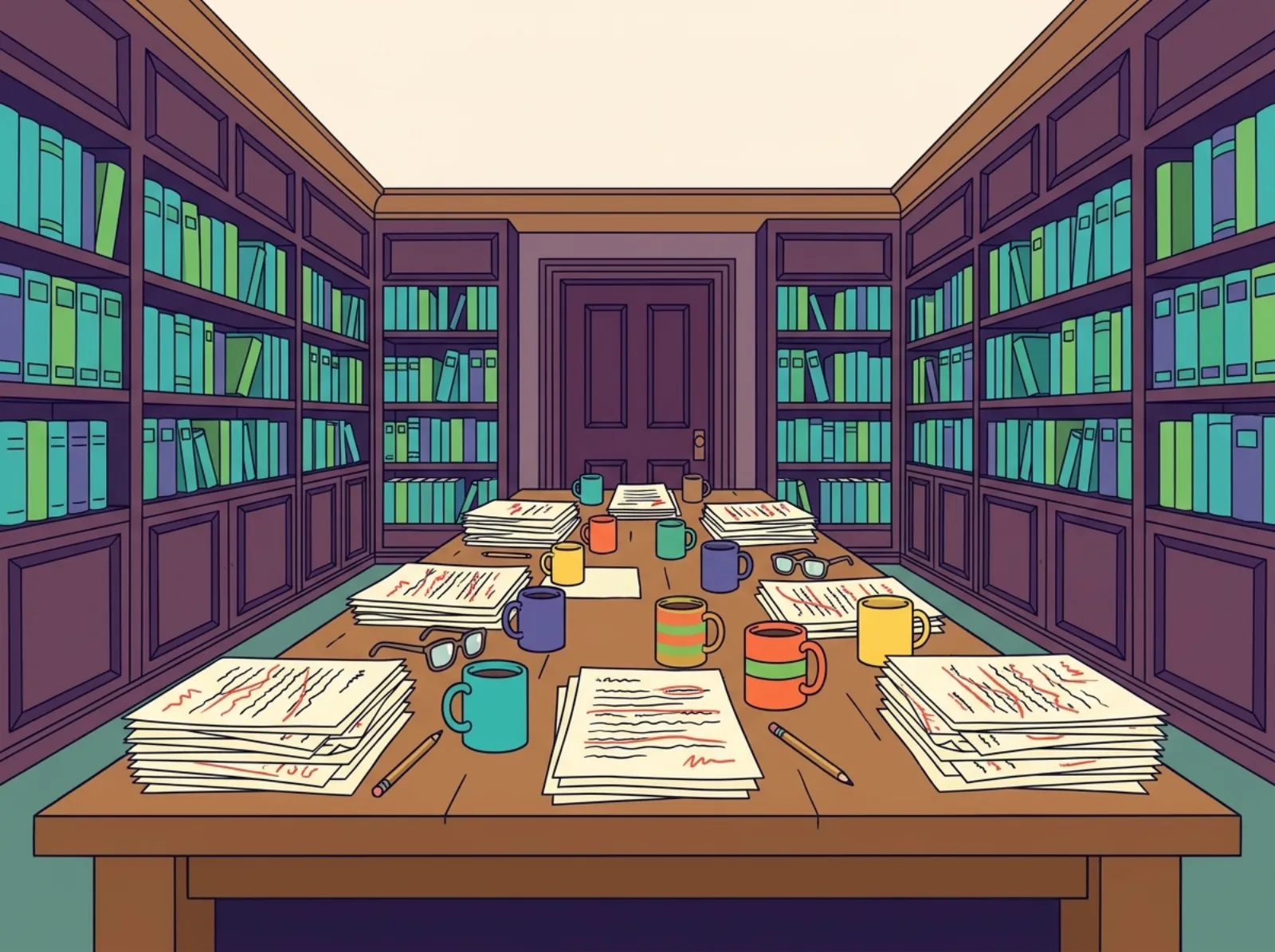 Cartoon of a long wooden conference table covered in red-penciled draft opinions, coffee mugs and reading glasses in a book-lined room with a closed door