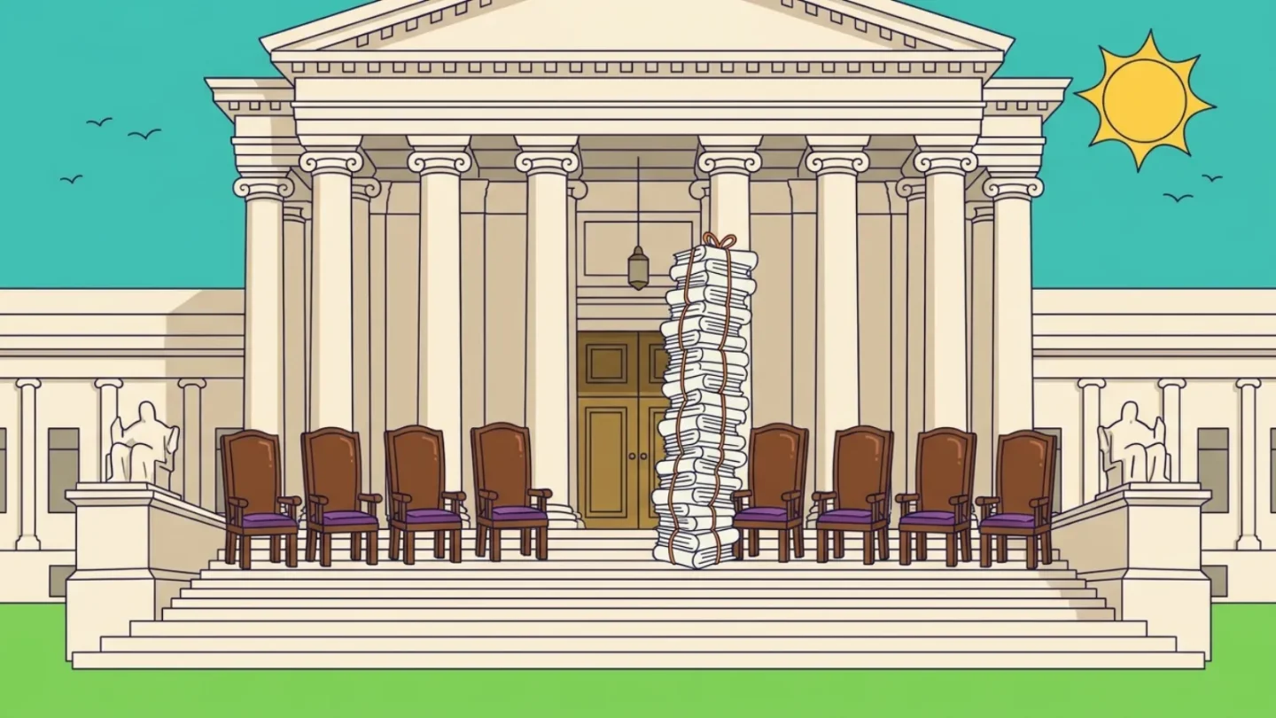 Cartoon of the US Supreme Court building with marble columns, a row of empty high-backed chairs on the front steps and a towering stack of paper petitions tied with string in front of the door
