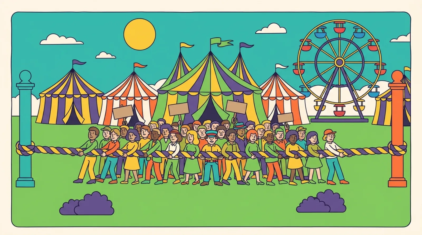Cartoon of a carnival crowd standing along a long rope that stretches from left to right, with most figures bunched near the middle, illustrating where Americans fall on the political spectrum