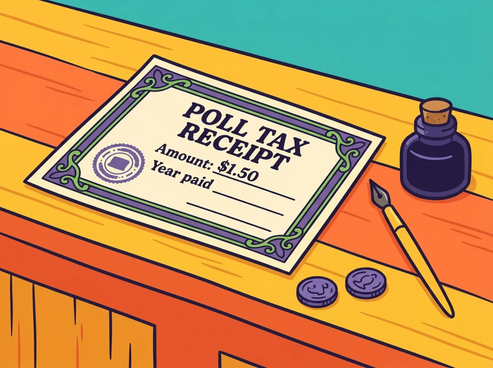 Cartoon of an early 1900s-style poll tax receipt for $1.50 with a stamped seal and blank lines, lying on a wooden counter next to an inkwell, a pen and two coins