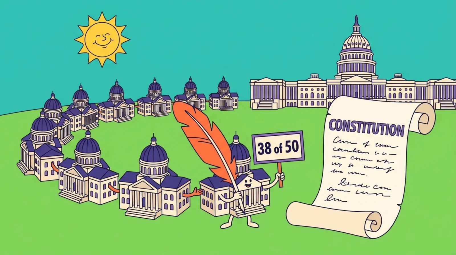 Cartoon of state houses passing a quill pen toward a giant constitution scroll in front of the Capitol, one holding a 38 of 50 sign, illustrating the Article V amendment process