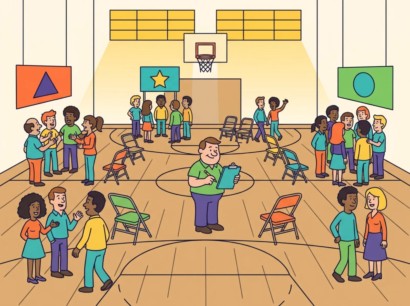 Cartoon of a caucus night in a school gym where groups of generic voters gather under candidate signs, illustrating the difference between a caucus and a primary