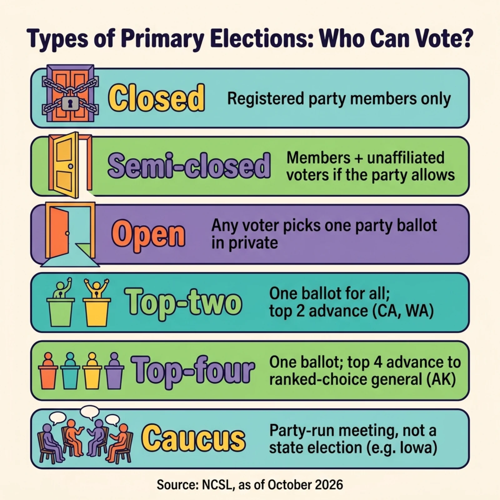 Infographic comparing types of primary elections: closed, semi-closed, open, top-two, top-four and caucus, with who can vote in each