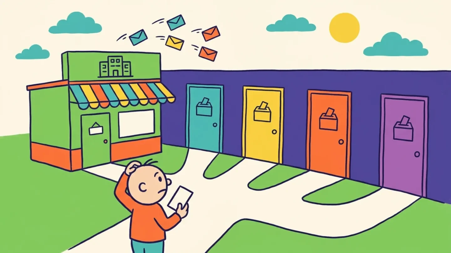 Cartoon of a polling place with four colored doors marked with ballot-box icons and a puzzled voter holding a registration card, illustrating the different types of primary elections