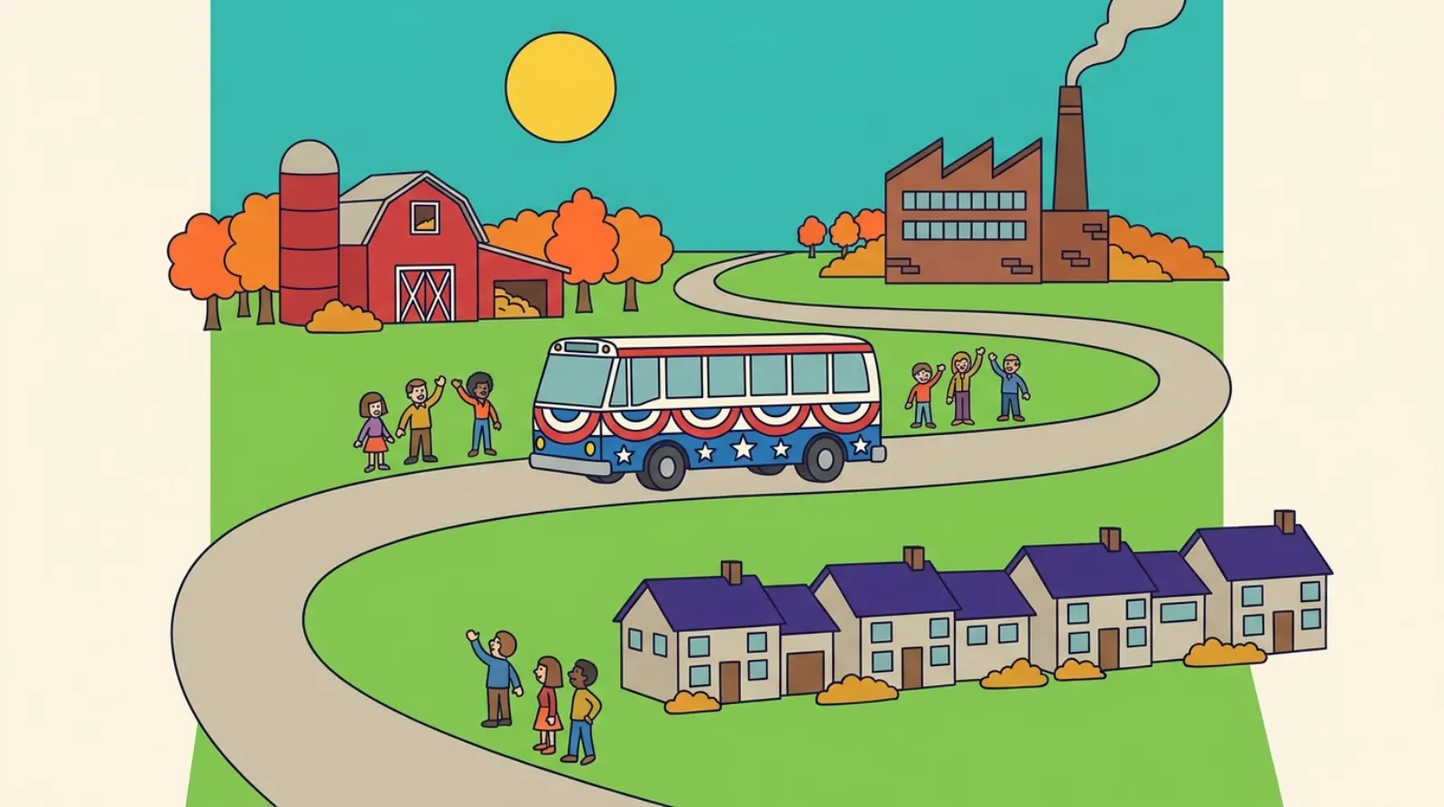 Cartoon campaign bus covered in red and blue bunting driving past a farm, a factory and a suburban street, illustrating campaigns crisscrossing swing states