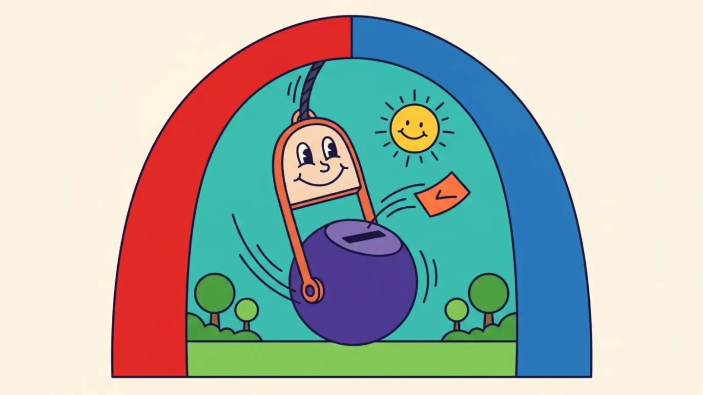 Cartoon of a round ballot box swinging on a playground swing under an arch that is half red and half blue, illustrating swing states