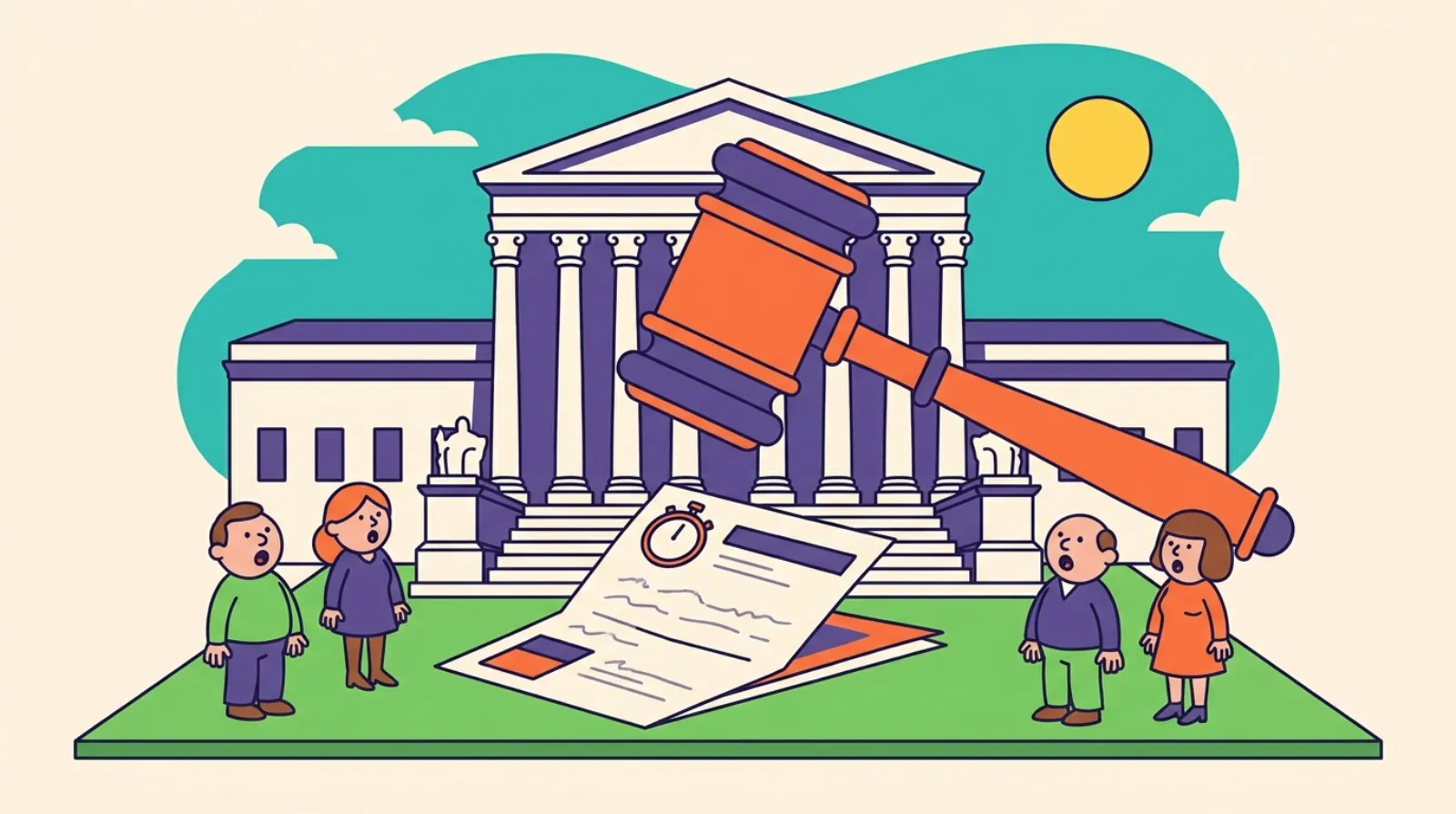Cartoon of the Supreme Court building with a giant gavel landing on an oversized ballot as surprised citizens watch, symbolizing the 1995 Thornton ruling against state-imposed congressional term limits
