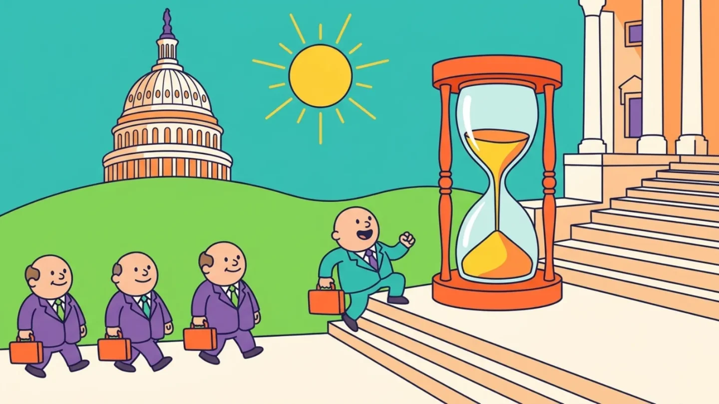 Cartoon of the U.S. Capitol with a giant hourglass on its steps, three generic lawmakers with briefcases walking away while a newcomer climbs up, illustrating the debate over congressional term limits