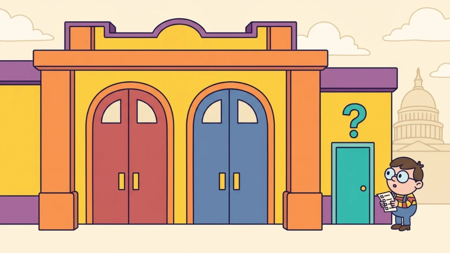 Cartoon of a polling place with two large doors for the major parties and a small side door marked with a question mark, illustrating third parties in the US