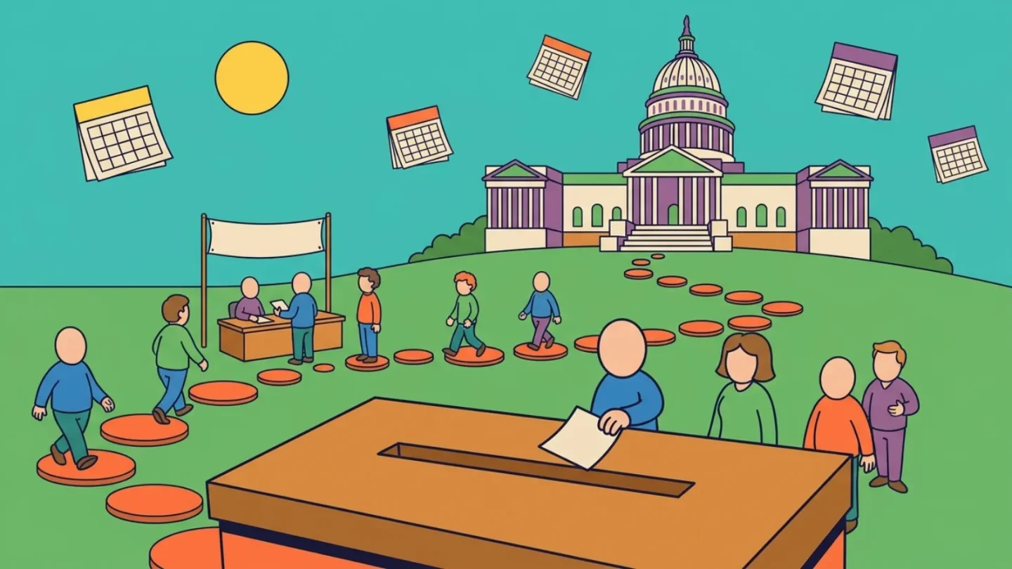 Cartoon: Wählerinnen und Wähler gehen auf Trittsteinen von einem Registrierungstisch zum Kapitol, vorn eine Wahlurne, als Sinnbild für den Ablauf der US-Wahl