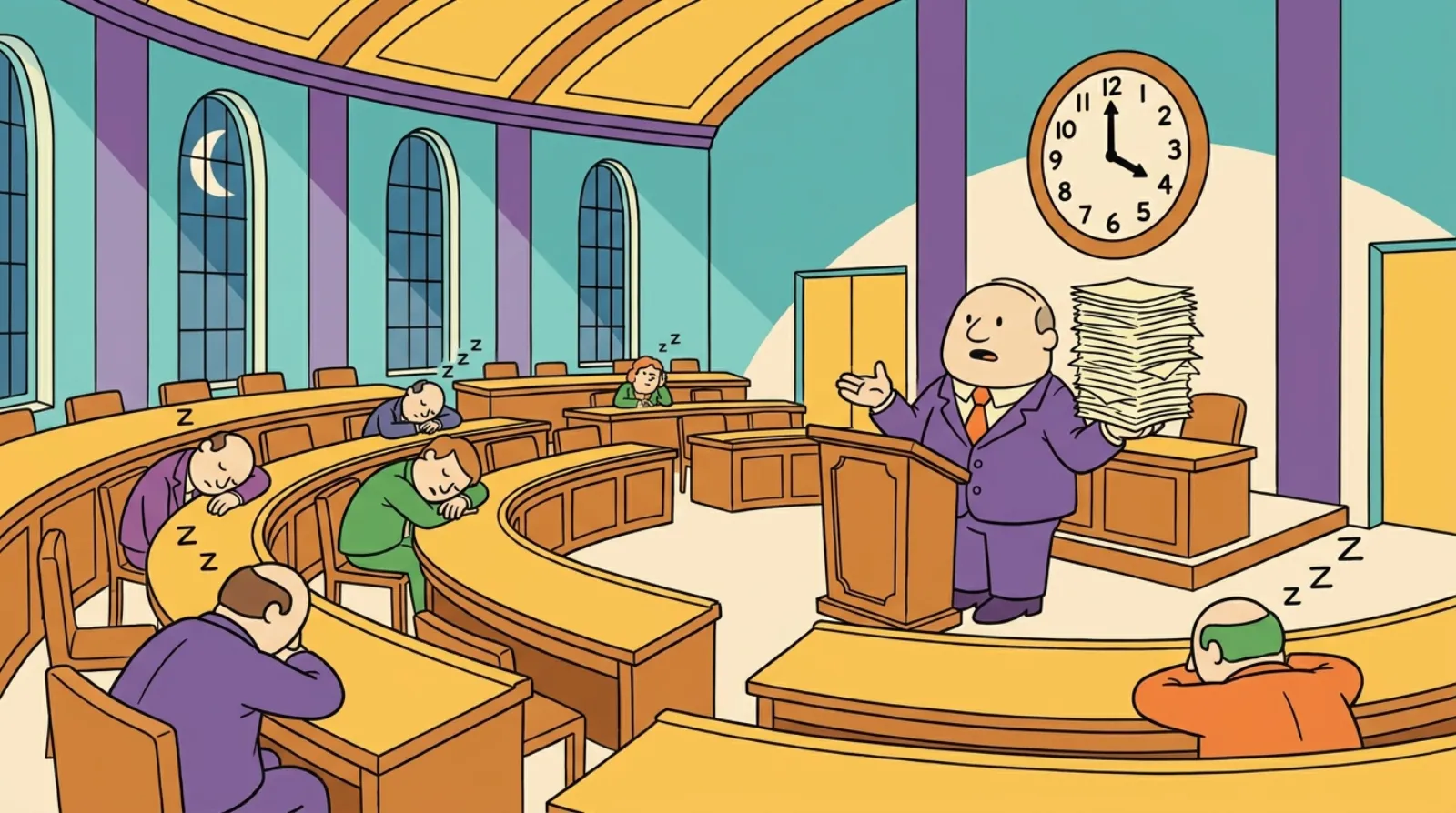 Cartoon of a legislative chamber at night where one generic senator keeps talking at a lectern with a stack of papers while colleagues doze at their desks, illustrating a talking filibuster