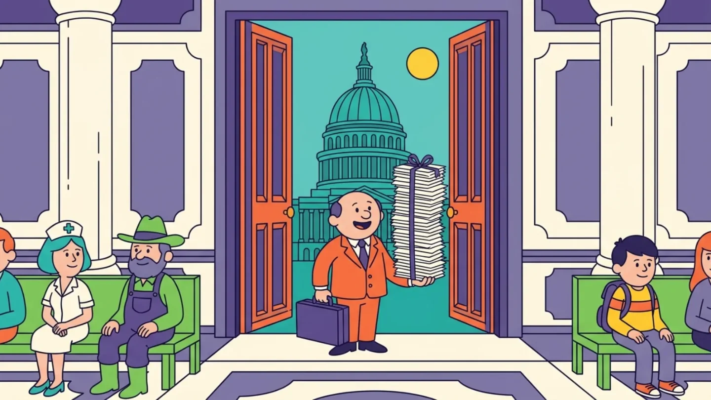 Cartoon of a smiling lobbyist with a briefcase and a ribbon-tied stack of papers in the doorway to the US Capitol while a nurse, a farmer and a student wait on lobby benches, illustrating what lobbying is