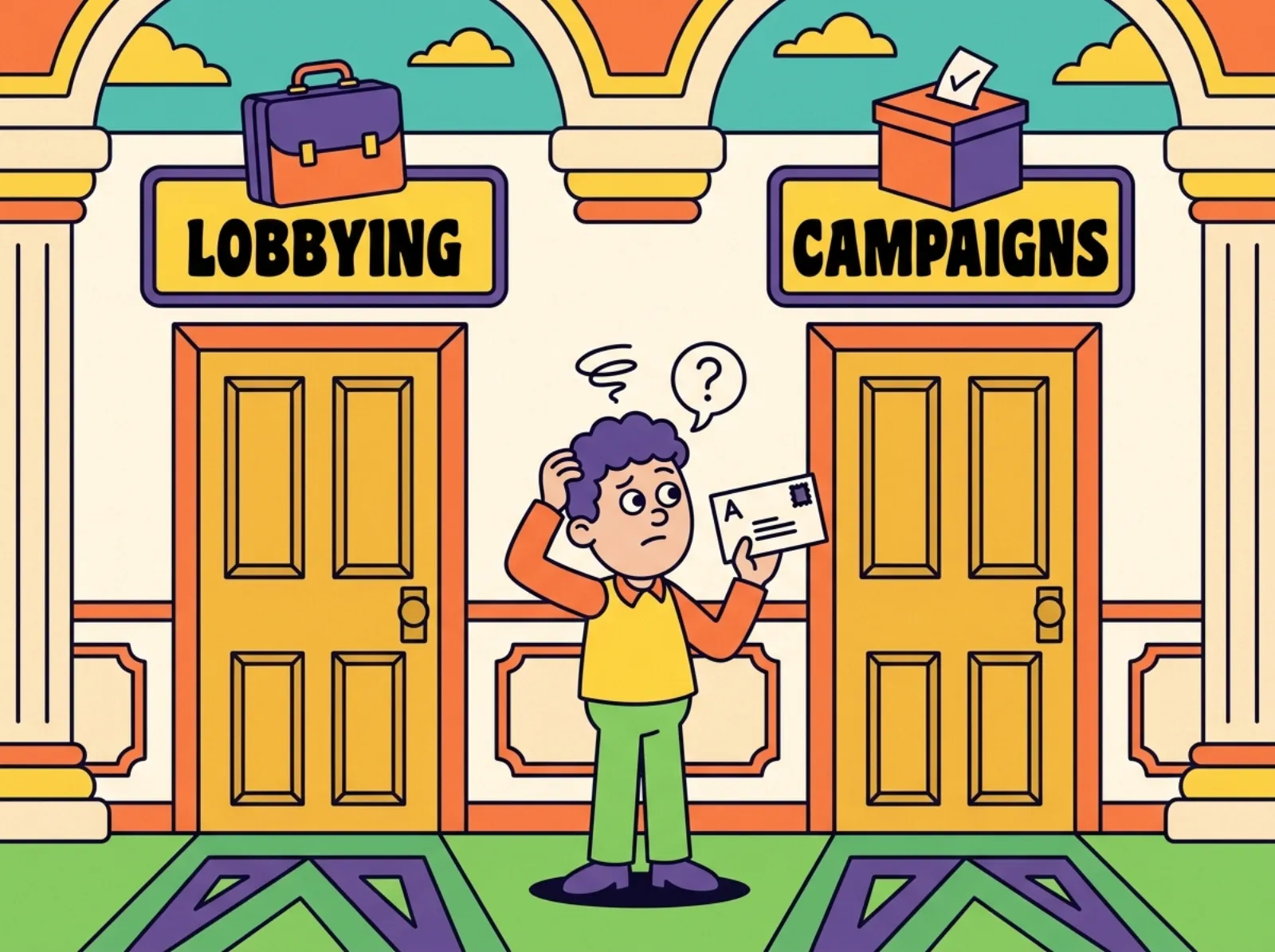 Cartoon of two separate doors in a government building, one labeled Lobbying with a briefcase and one labeled Campaigns with a ballot box, showing the two different channels of political influence